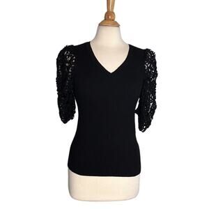 Grace+Karma Black Ribbed Blouse Fun Unique Balloon Sleeve Short Sleeve ZZ19